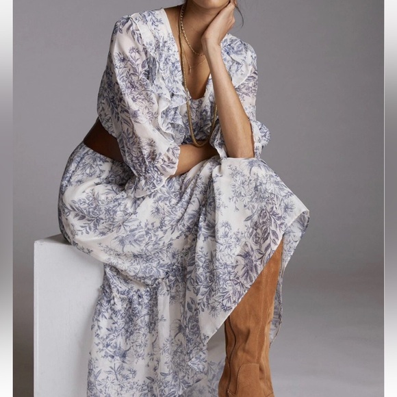 Anthropologie Moon River Blue Floral Ruffle Midi Dress size Small - Picture 4 of 14